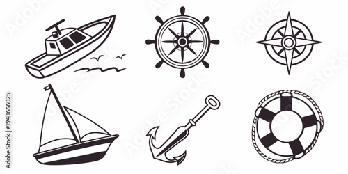 a collection of nautical icons including a boat and ship wheel Vector