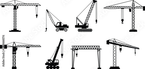 Construction crane silhouettes vector illustration, tower crane, mobile crane, crawler crane, gantry crane, heavy lifting equipment, industrial engineering machinery design
