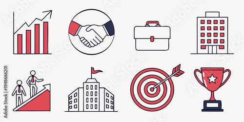 business icons set including graph, handshake, briefcase, building, people, target, and trophy Vector