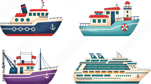 Colorful illustration of four different boats including navy vessel, fishing ship, cruise liner, and lighthouse boat, artwork concept for transportation, travel, leisure, fishing, and design projects