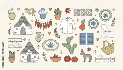 Puglia Italy travel elements and traditional trulli house icons set