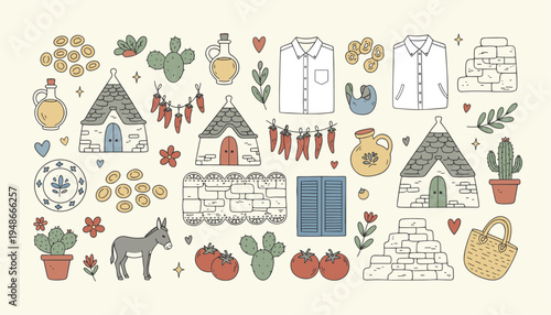 Puglia Italy travel elements and trulli house icons set