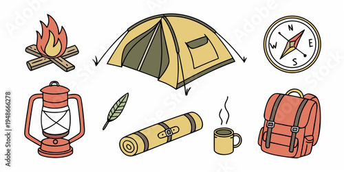 camping gear and accessories for outdoor adventure Vector