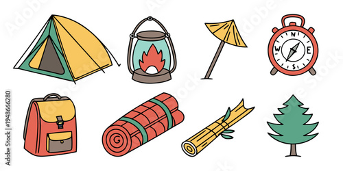 a collection of camping and outdoor gear Vector