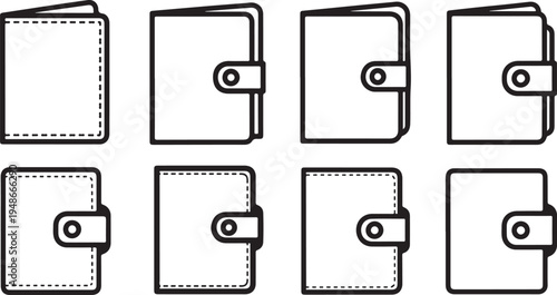 Various styles of minimalist wallet designs illustrated in monochrome Vector