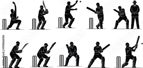 Cricket player action silhouettes set with batsman batting, bowler bowling and wicket keeper positions, professional sport athlete poses isolated vector illustration