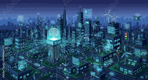 Futuristic cityscape at night, blue neon lights, vector illustration