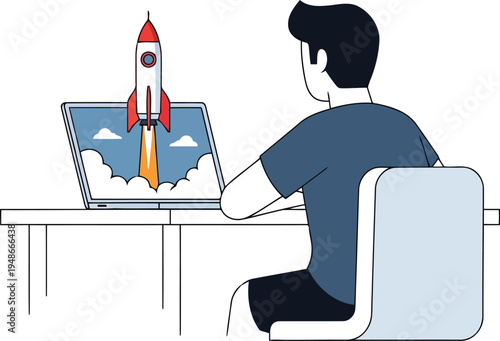 Man Working on Laptop with Rocket Launch Concept for Business Startup and Growth Illustration
