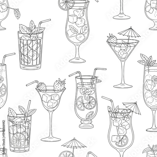 Seamless Pattern with Hand Drawn Tropical Cocktails and Summer Drinks Line Art