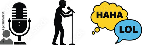Stand Up Comedy Performance Icons with Microphone and Speech Bubbles for Humor and Podcast