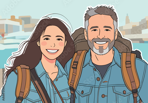 Couple enjoys outdoor adventure in city by the water on a sunny day