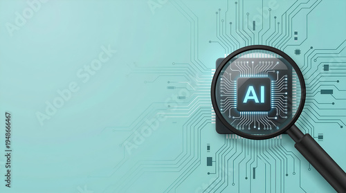 Magnifying glass over a microchip labeled 'AI' on a circuit board background, representing artificial intelligence technology analysis