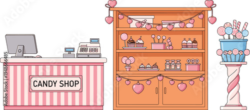 Cute candy shop interior vector illustration with sweets display shelves, cupcakes, lollipops and counter cashier desk, pastel dessert store concept for bakery design