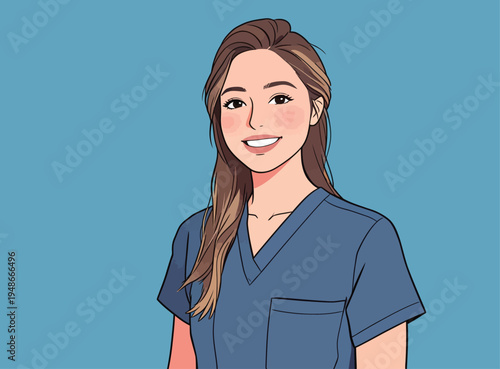 Doctor wearing scrubs smiles at the camera in a simple background during a casual moment