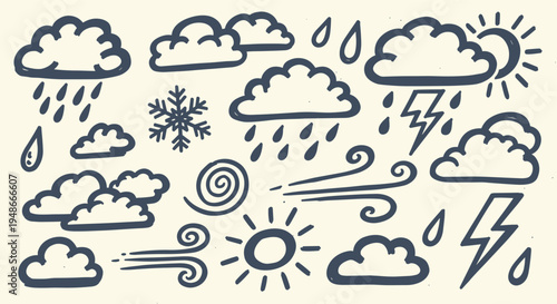 Hand drawn weather icons set for meteorology forecast design