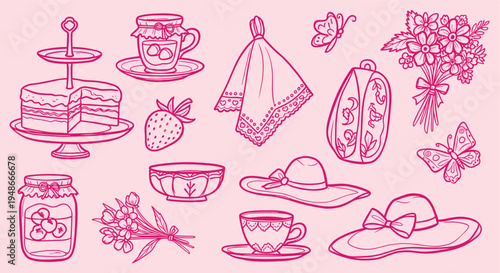 Cute hand drawn tea party elements set with cake and flowers