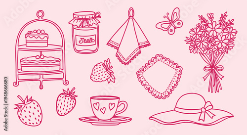 Hand drawn tea party elements set with cakes and flowers