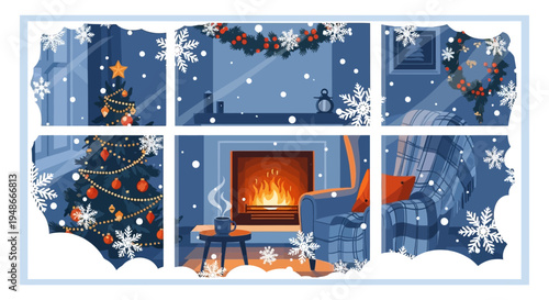 Set of 6 Christmas winter scene vector illustrations