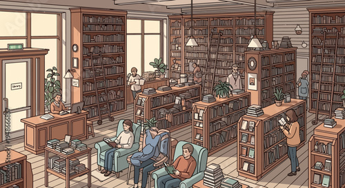 Vector illustration of a cozy library interior with people reading and studying