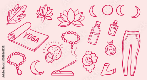 Hand drawn yoga and meditation wellness elements set