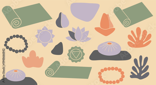 Yoga and meditation elements set with spiritual symbols and wellness accessories