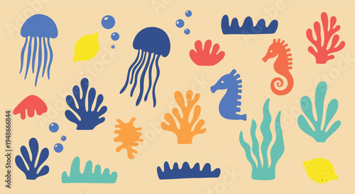 Colorful underwater sea life pattern with jellyfish and seahorses