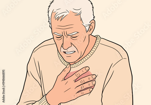 Elderly man experiencing chest pain in a simple room during the daytime