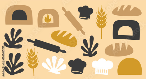 Bakery and baking elements collection with bread and chef hats