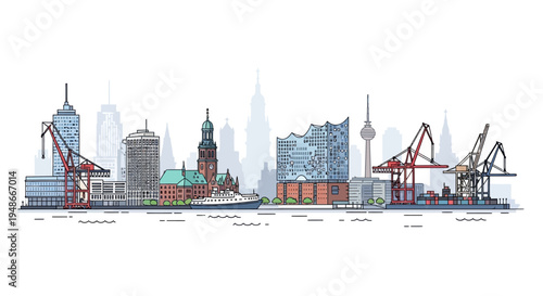 Cargo cranes and shipping containers dockside.