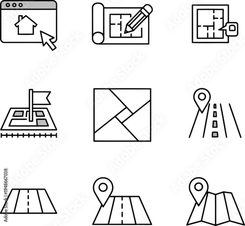 Real Estate and Land Development Line Icon Set for Architecture and Property Mapping