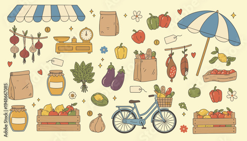 Farmers market set with fresh produce and bicycle in hand drawn doodle style
