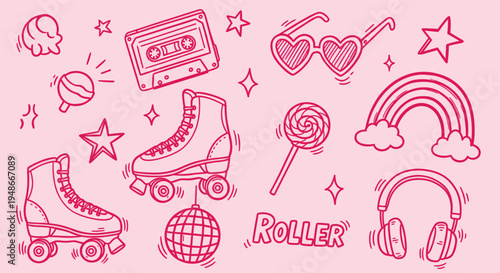Retro Roller Disco Sketch Set with Pink Aesthetic Elements