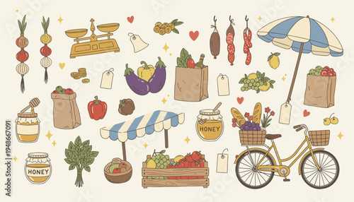 Farmers Market Hand Drawn Doodles Set with Fresh Produce and Grocery Items