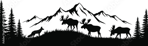 Wild moose and wolf silhouettes in mountain forest landscape, majestic wildlife scene with pine trees and alpine peaks, vector illustration isolated on white background
