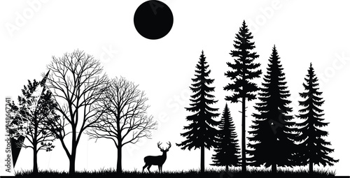 Wild Nature Landscape Silhouette Featuring Pine Trees Deciduous Forest and Deer with Moon for Wilderness Conservation Outdoors Adventure and Woodland Environment Graphic Design Projects