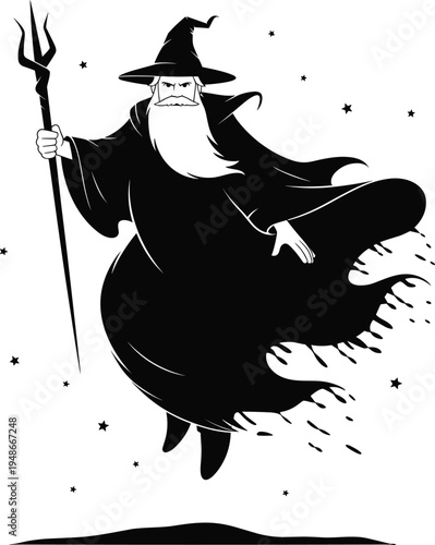 Wizard silhouette with magic staff, fantasy sorcerer casting spell under starry night, black and white vector illustration isolated on light background