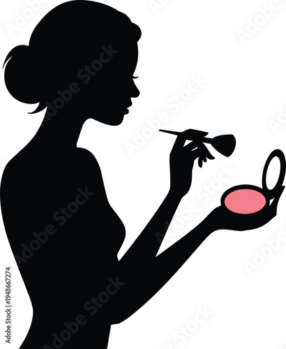 Woman applying face powder with makeup brush, beauty and cosmetics silhouette isolated on light background, skincare and personal grooming concept vector illustration
