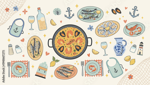 Mediterranean seafood feast with paella and fresh fish illustration
