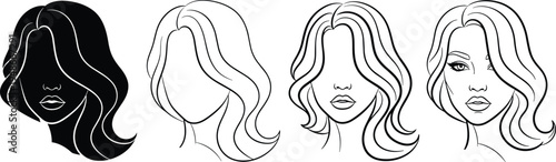 Woman face and long wavy hairstyle silhouette set, female head profile icons, beauty salon hair care vector illustration, isolated on white background,