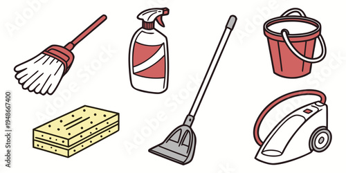 a collection of cleaning supplies and tools Vector