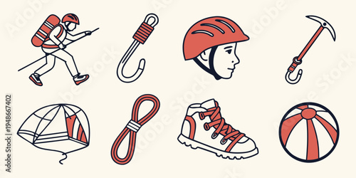 climbing and hiking equipment icons Vector