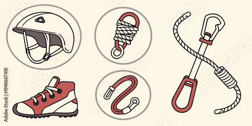 climbing gear and equipment for rock climbing Vector
