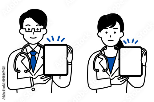 タブレットの画面を見せる医師の男女　セット
