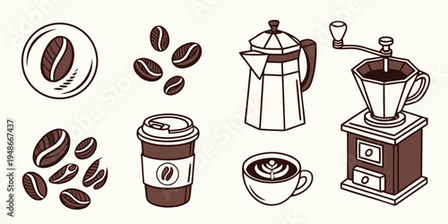 a collection of coffee related items and beans Vector