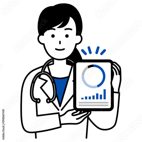 タブレットでグラフを見せる医師の女性