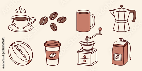 a collection of coffee related objects and food Vector