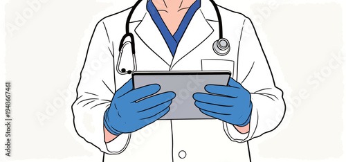 Medical professional in white coat holding tablet in hands while standing in clinic during daytime