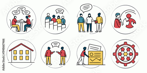 a set of illustrations depicting various social and business interactions Vector