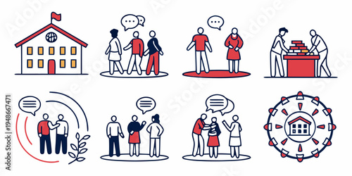 a set of eight icons depicting business and communication concepts Vector