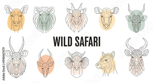 Set of 10 Wild Safari Animal Heads Vector Icons